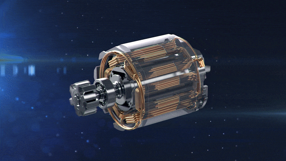 一個透明的馬達，背景為黑色，帶有銅線。