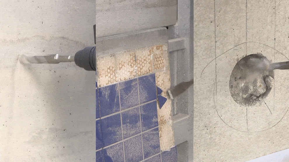 博世專業鑽頭穿透混凝土和瓷磚，灰塵飛揚。