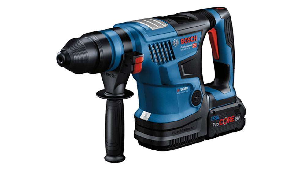 一款藍色博世專業電池錘，配有符合人體工學的手柄。