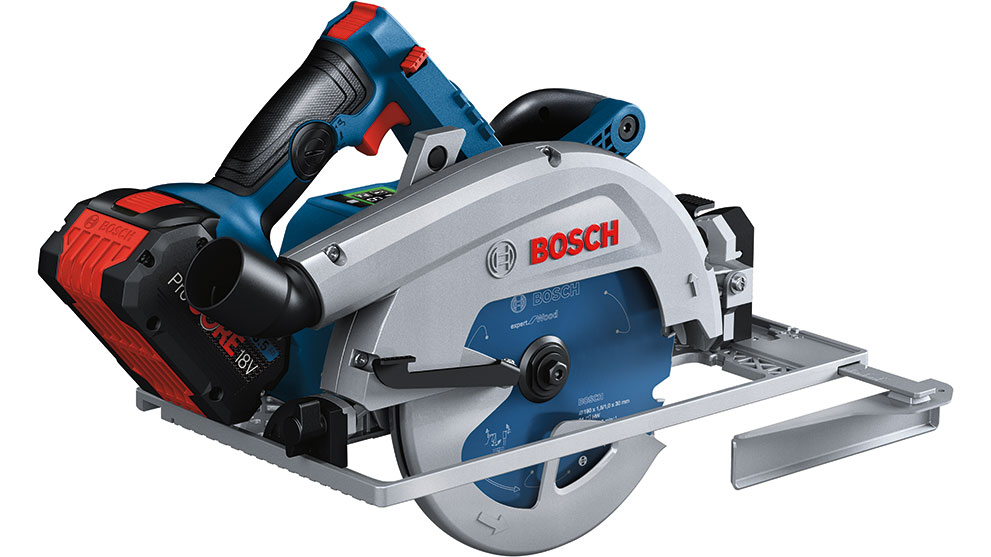 一款藍色博世專業電池圓鋸，背景為白色。
