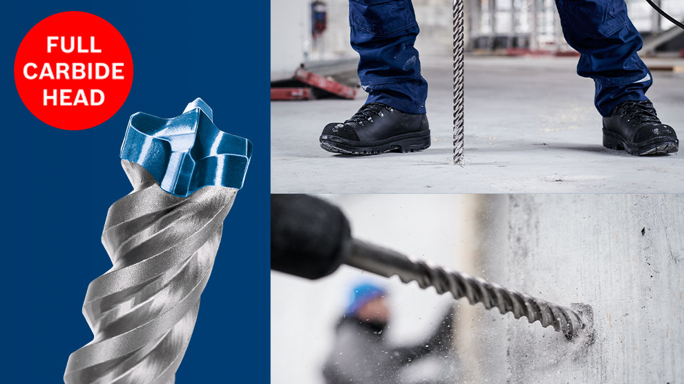 一款藍色尖頭的博世專業鑽頭正在混凝土中鑽孔。