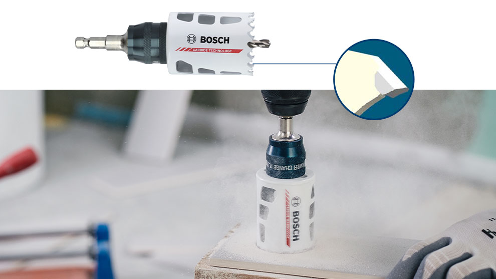 博世專業配件放在桌子上，周圍是工具。