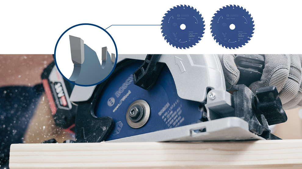 博世專業手持圓鋸用藍色鋸片切割木材。