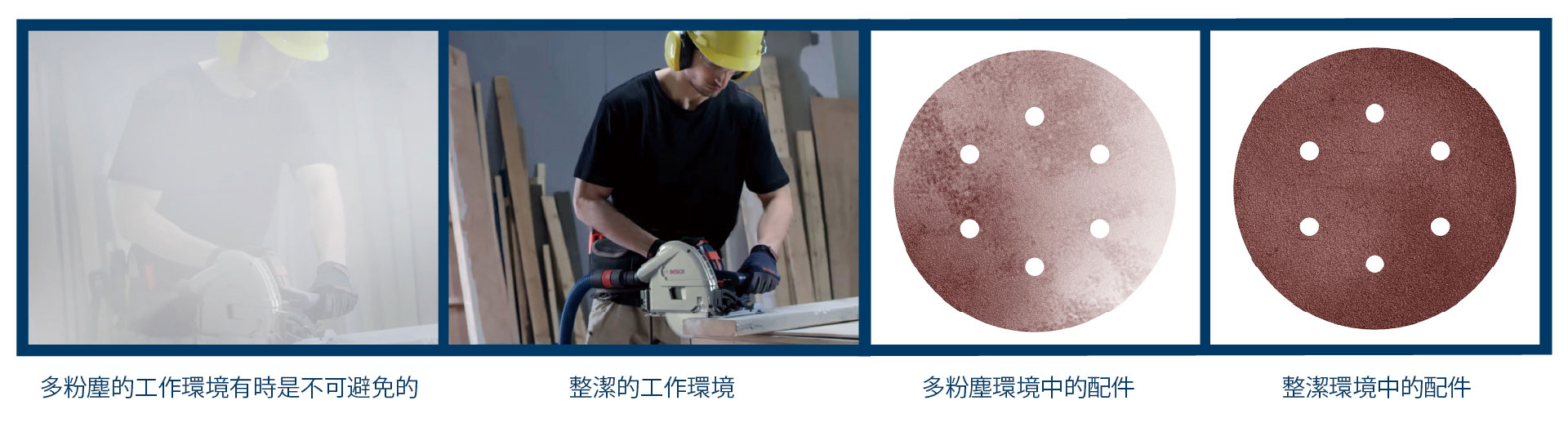 博世專業工具在工作坊，木材和灰塵可見。