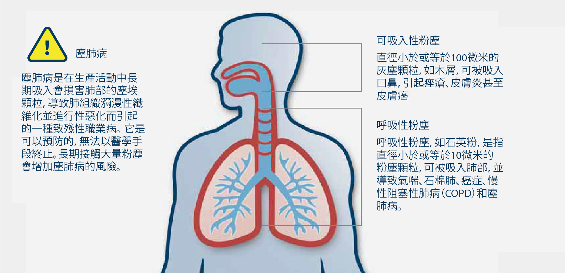 人類身體的插圖，帶有呼吸道和警告標誌。