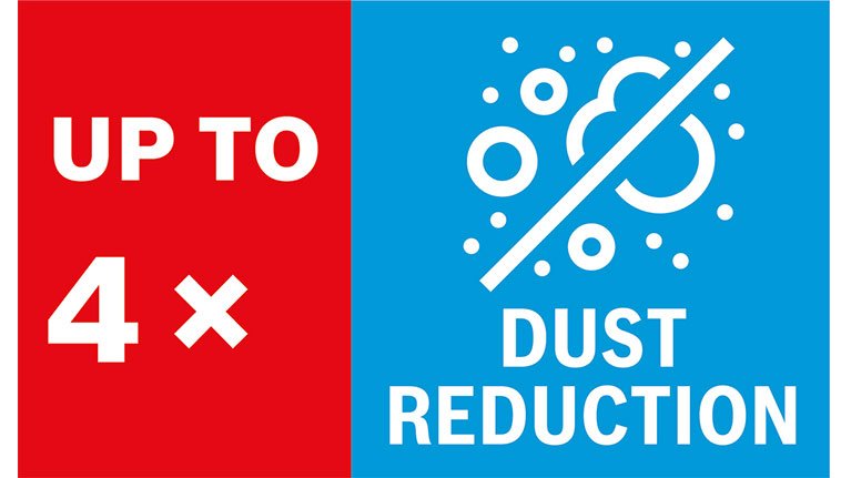 紅色和藍色的標誌，帶有文本和減少灰塵的符號。