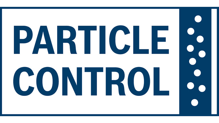 帶有「PARTICLE CONTROL」文字的標誌，藍色在白色背景上。
