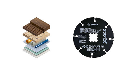 不同材料和一個黑色博世XLOCK碟片在白色背景上。