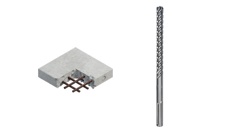 一個灰色混凝土塊，帶有鐵杆和一個銀色鑽頭。