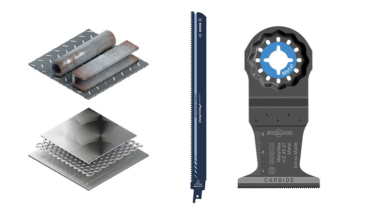 不同的博世專業金屬工具擺放在一個表面上。
