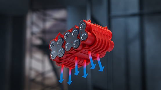 紅色博世專業工具懸浮，配有六個黑色電池單元。