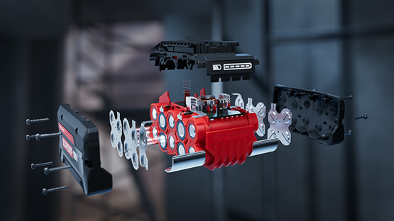 一個紅色的博世專業電機模型，拆解後零件排列。