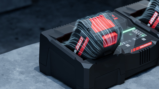 兩個紅色博世專業電池在黑色充電器上。