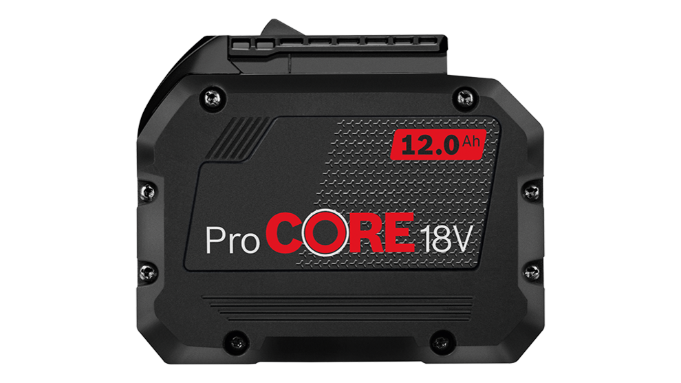 黑色博世專業ProCORE 18V，12.0Ah，白色背景。