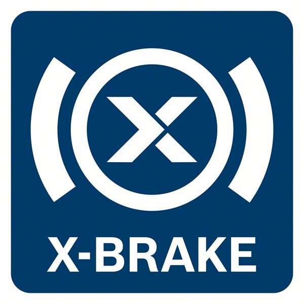 帶有藍色背景和白色X-BRAKE標誌的標誌。