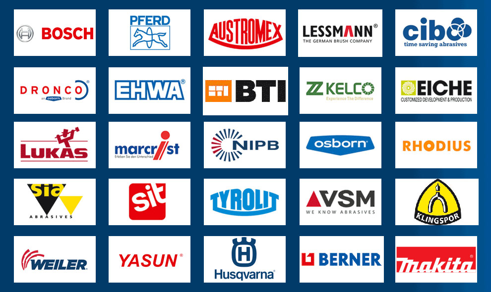 工具品牌的標誌排列在藍色背景上。